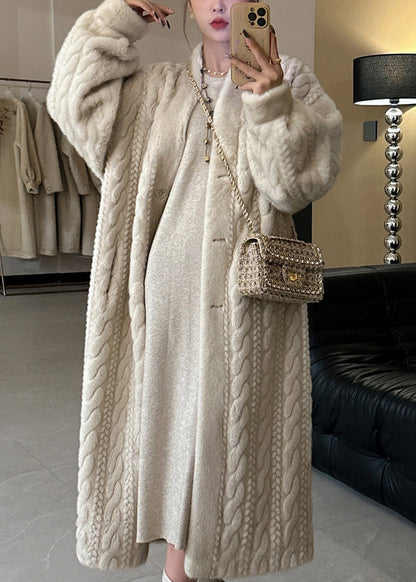 Beige V Neck Button Mink Hair Leather and Fur Long Coats Spring