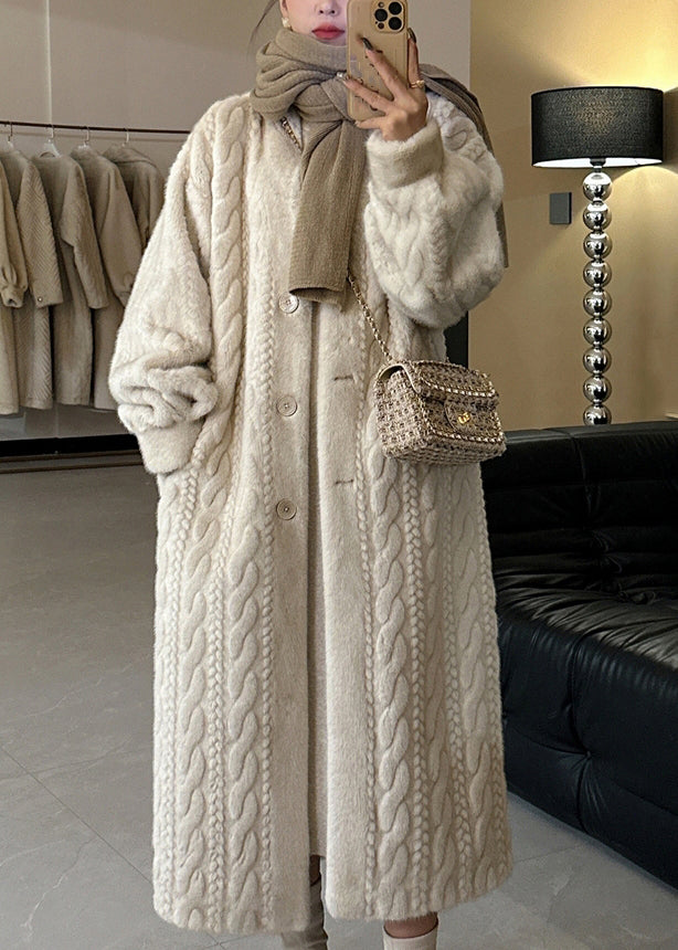 Beige V Neck Button Mink Hair Leather and Fur Long Coats Spring