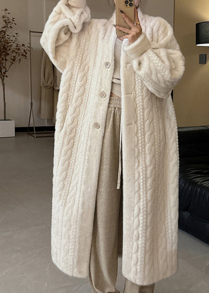 Beige V Neck Button Mink Hair Leather and Fur Long Coats Spring