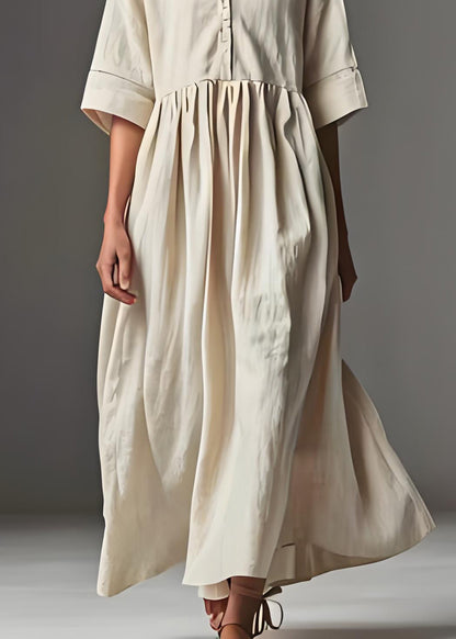 Beige V Neck Patchwork Linen Dress Summer