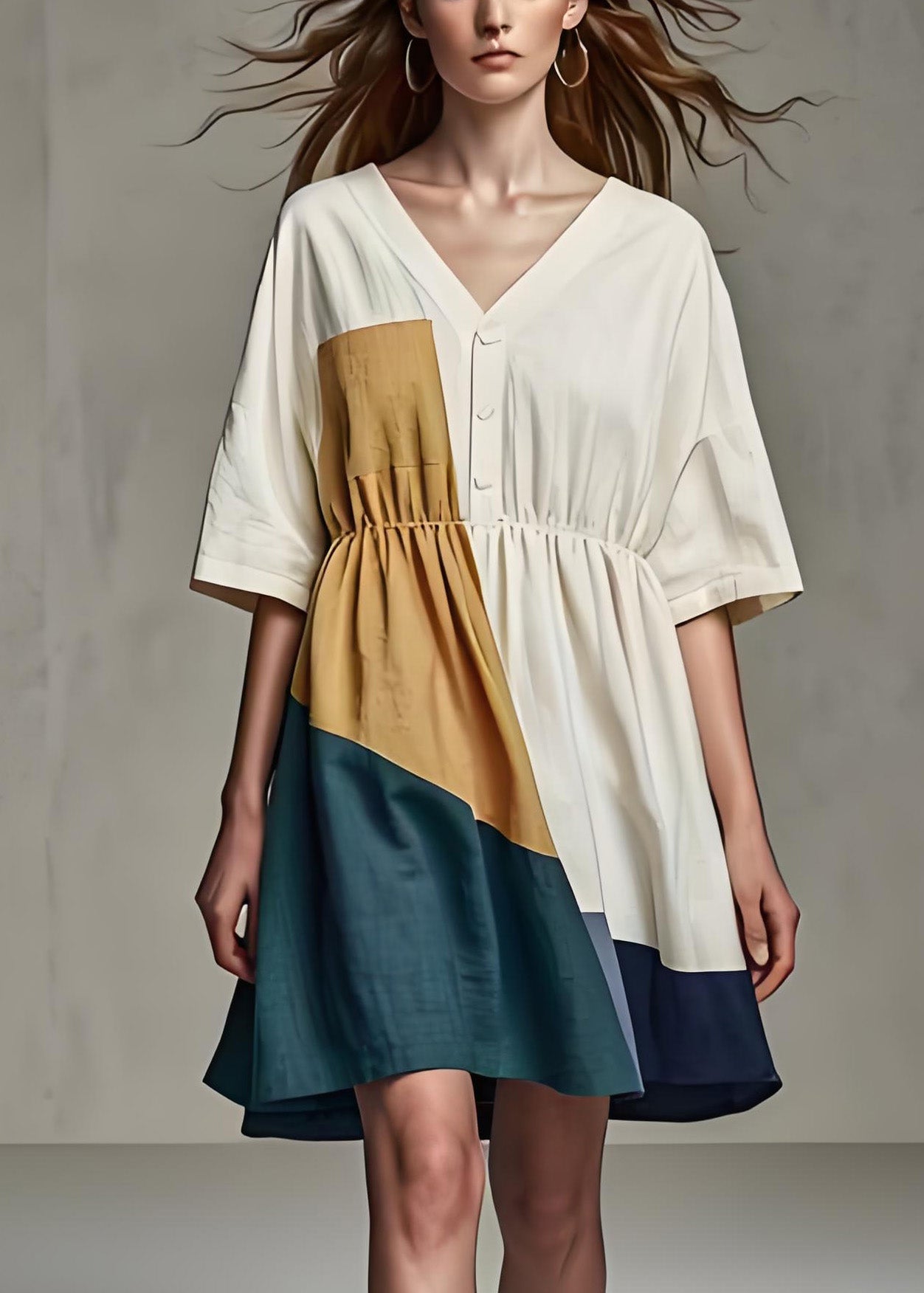 Beige V Neck Wrinkled Patchwork Linen Dress Summer
