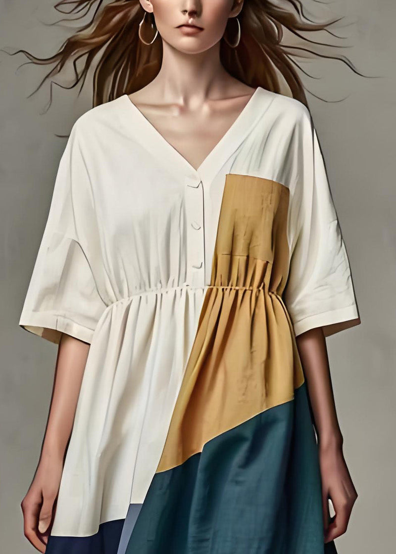 Beige V Neck Wrinkled Patchwork Linen Dress Summer
