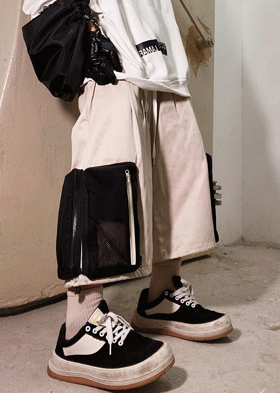 Beige Zip Up Pockets Oversized Cotton Shorts Summer