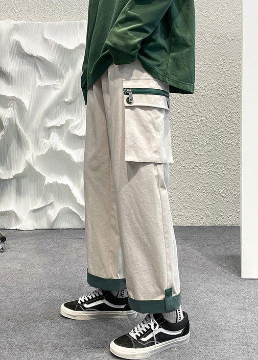 Beige Zip Up Pockets Patchwork Cotton Crop Pants Summer
