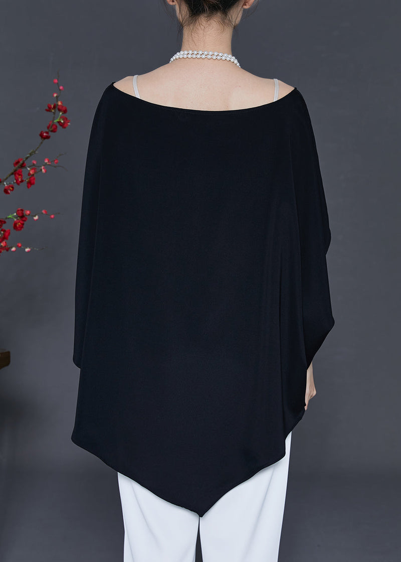 Black Asymmetrical Chiffon Shirts Batwing Sleeve