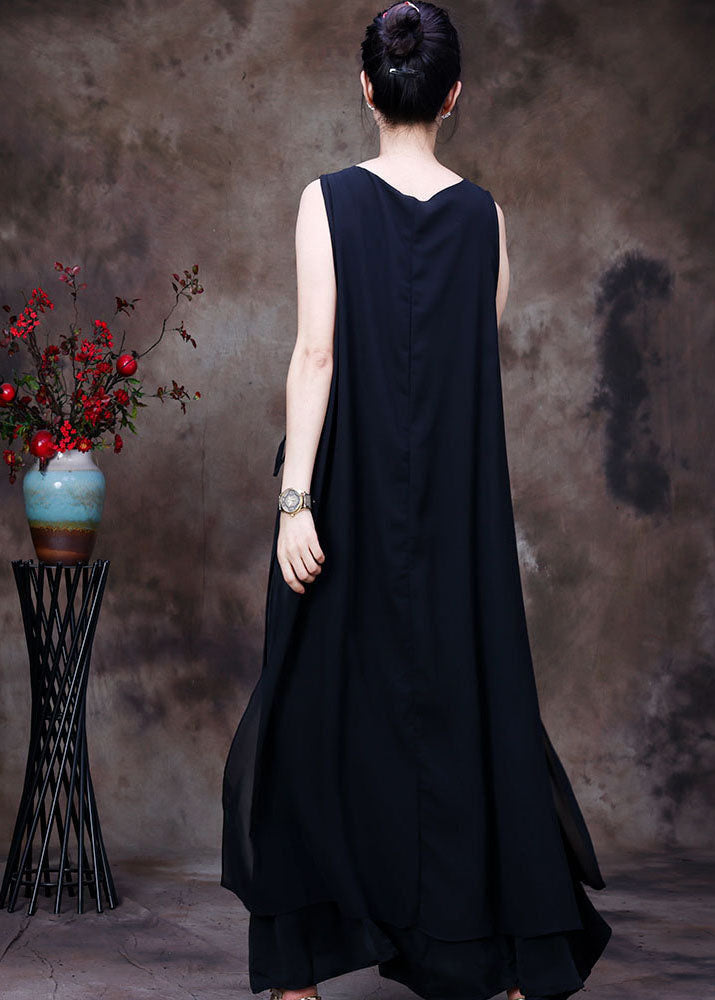 Black Asymmetrical Design Chiffon Long Dresses Sleeveless
