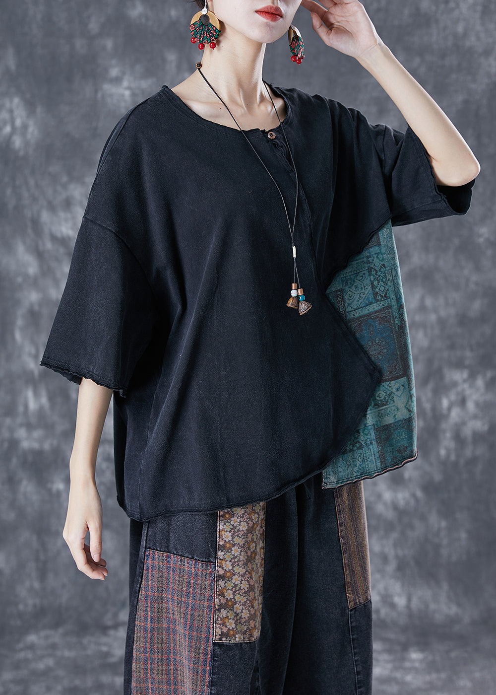 Black Asymmetrical Patchwork Cotton Tank Summer