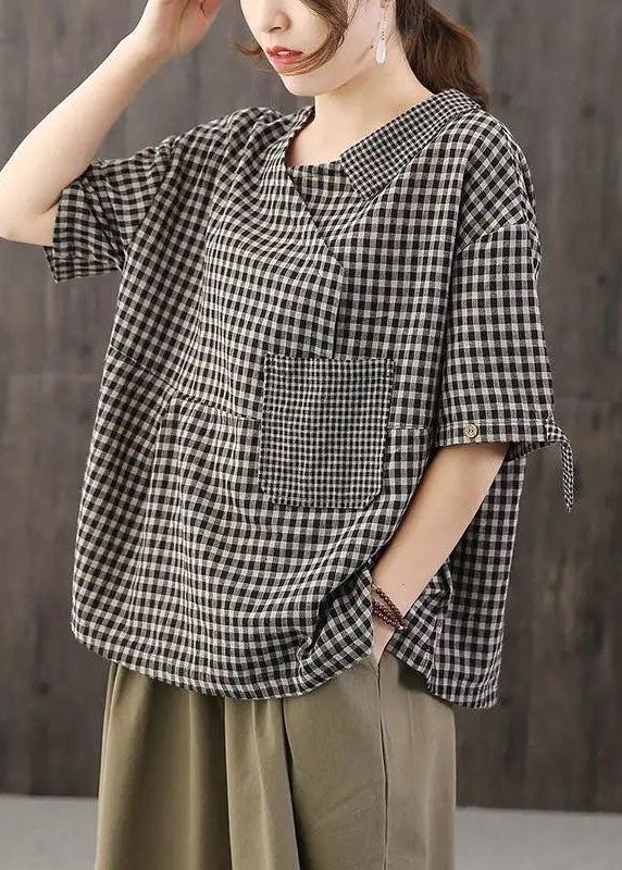 Black Asymmetrical Plaid Cotton Blouses Half Sleeve