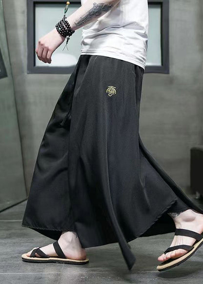 Black Asymmetrical Pockets Ice Silk Wide Leg Pants Summer