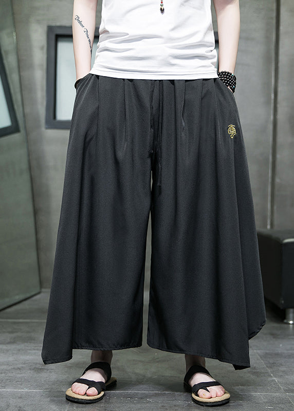 Black Asymmetrical Pockets Ice Silk Wide Leg Pants Summer