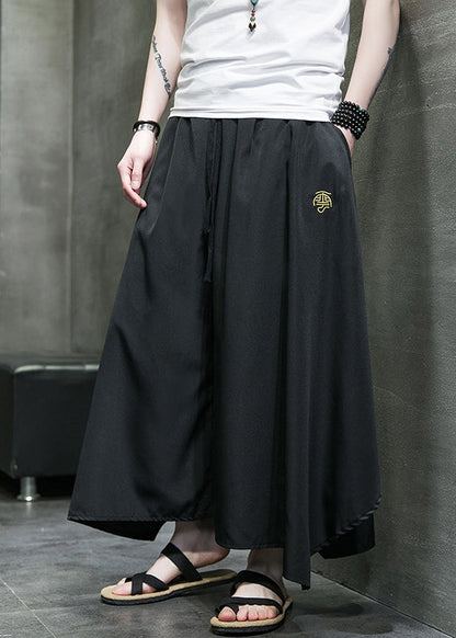 Black Asymmetrical Pockets Ice Silk Wide Leg Pants Summer