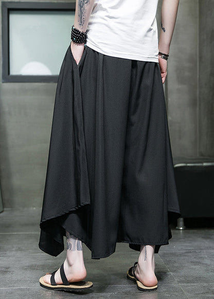 Black Asymmetrical Pockets Ice Silk Wide Leg Pants Summer