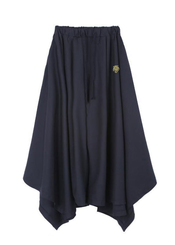 Black Asymmetrical Pockets Ice Silk Wide Leg Pants Summer