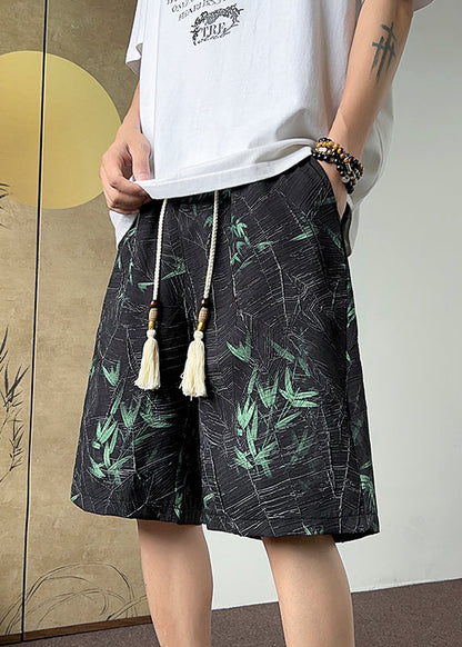 Black Bamboo Print Elastic Waist Cotton Beach Shorts Summer