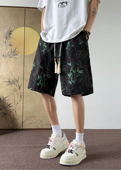 Black Bamboo Print Elastic Waist Cotton Beach Shorts Summer