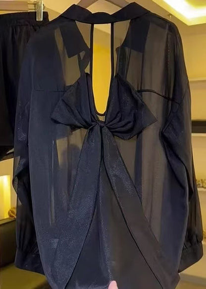 Casual Black Bow Backless Chiffon Sheer Blouses Summer