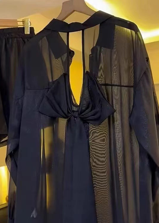 Black Bow Backless Chiffon Sheer Blouses Summer