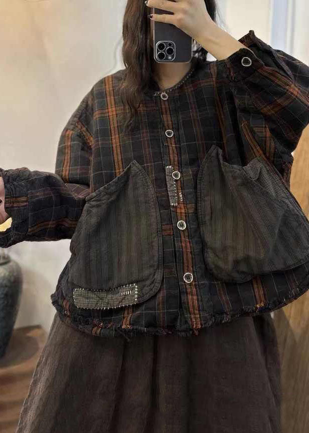 Black Brown Plaid Oversized Patchwork Big Pockets Fine Cotton Filled Coat Winter