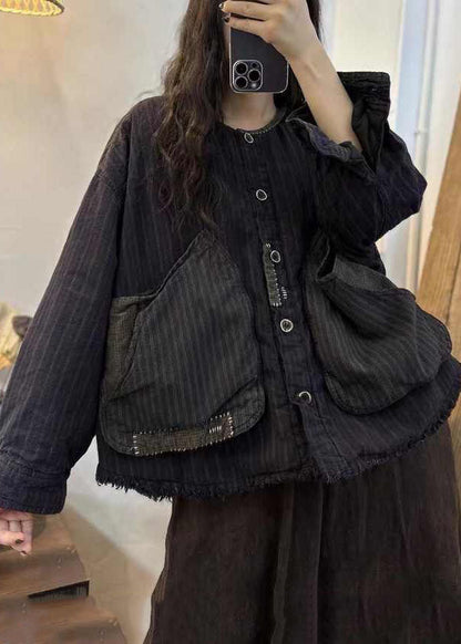 Black Brown Plaid Oversized Patchwork Big Pockets Fine Cotton Filled Coat Winter