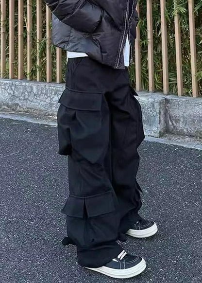 Black Button Pockets Cotton Pants High Waist Spring