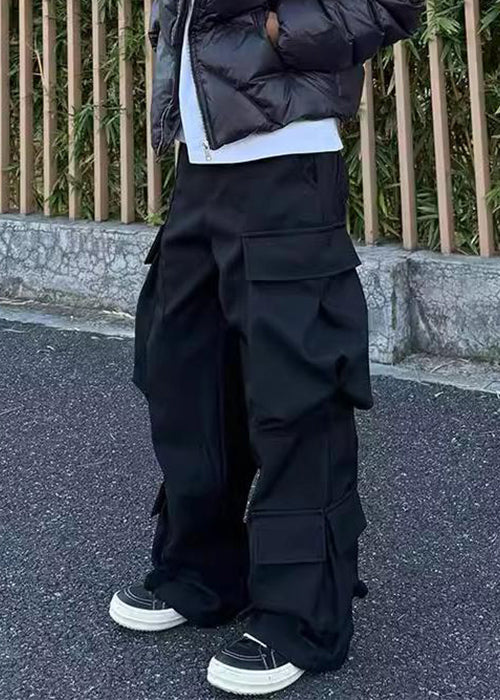 Black Button Pockets Cotton Pants High Waist Spring
