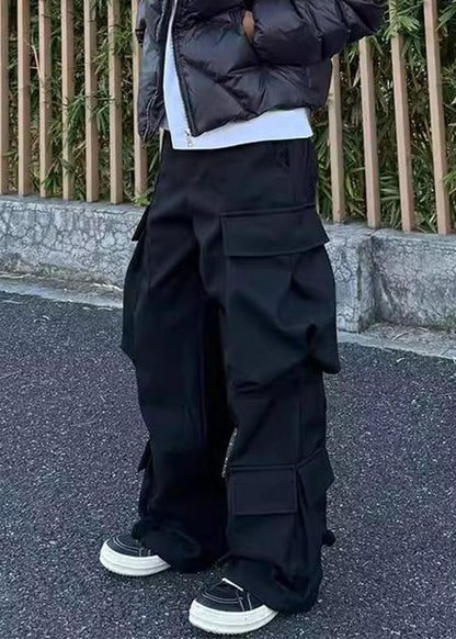 Black Button Pockets Cotton Pants High Waist Spring