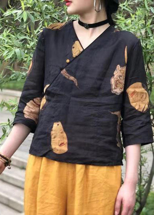 Black Button Print Linen Shirt Top Half Sleeve
