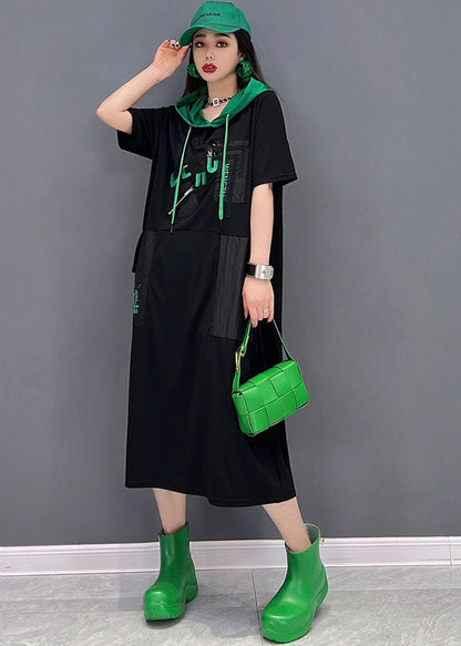 Black Colorblock Hooded Cotton Sweatshirts Dress Short Sleeve