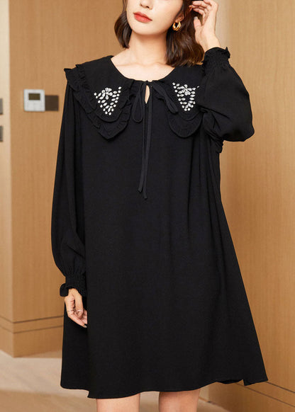 Black Double-layer Collar Lace Up Cotton Mid Dress Spring