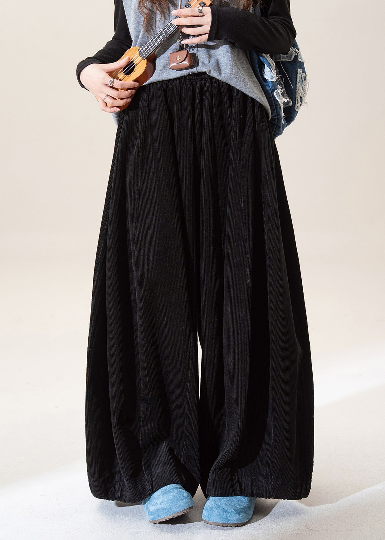 Black Elastic Waist Corduroy Wide Leg Pants Spring