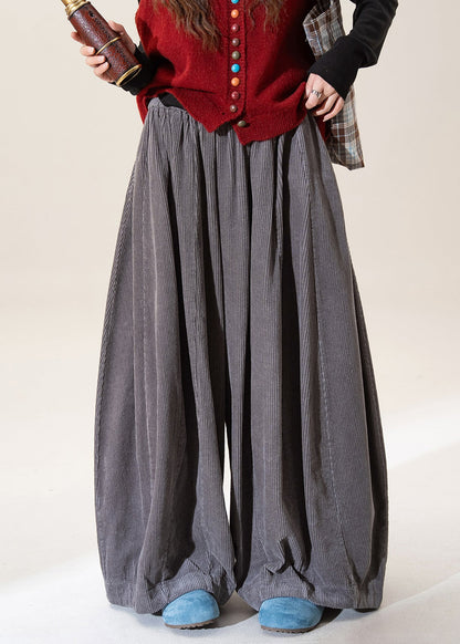 Black Elastic Waist Corduroy Wide Leg Pants Spring