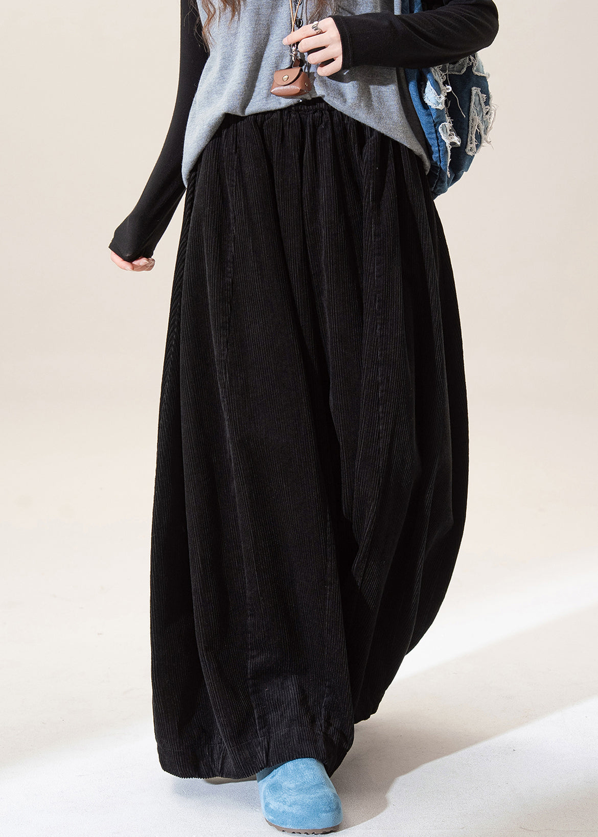 Black Elastic Waist Corduroy Wide Leg Pants Spring