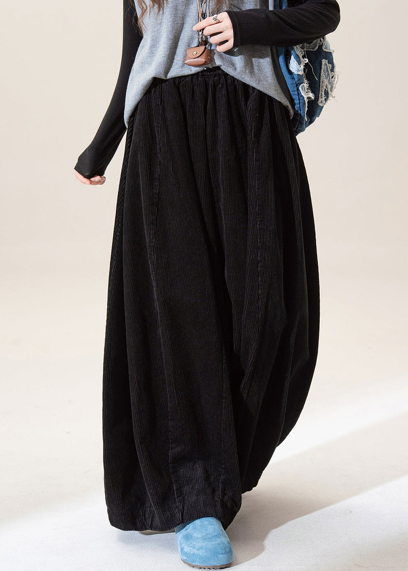 Black Elastic Waist Corduroy Wide Leg Pants Spring