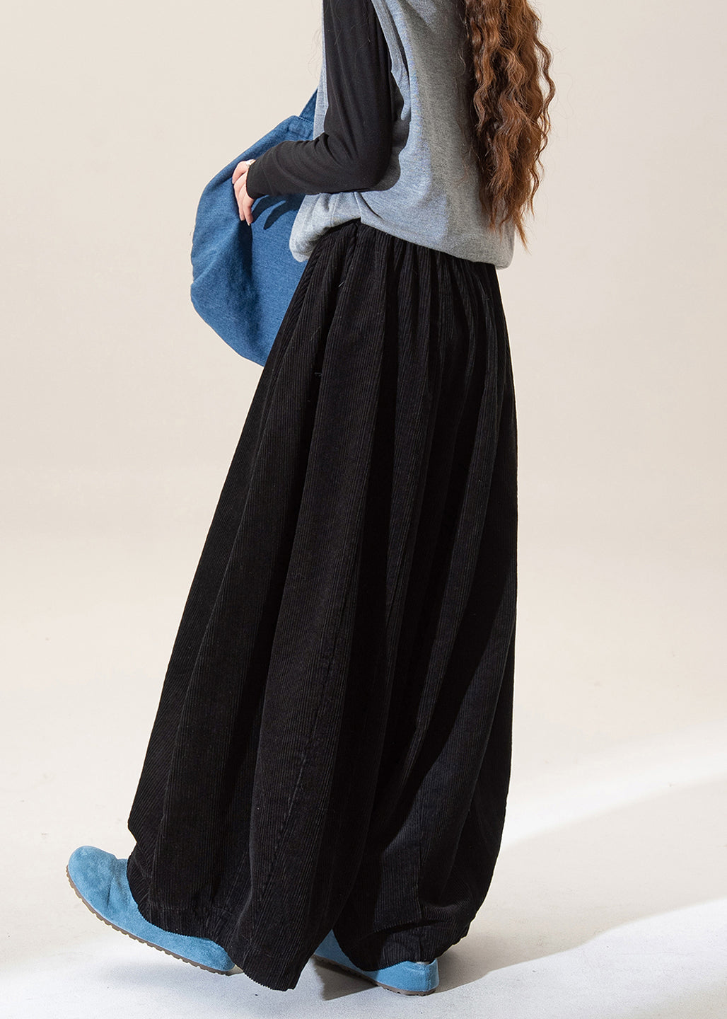 Black Elastic Waist Corduroy Wide Leg Pants Spring