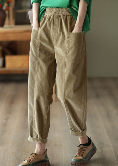 Black Elastic Waist Patchwork Pockets Corduroy Pants Spring