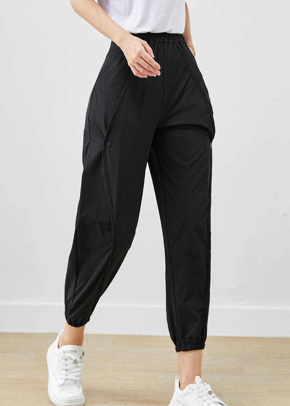 Black Elastic Waist Pockets Cotton Harem Pants Fall