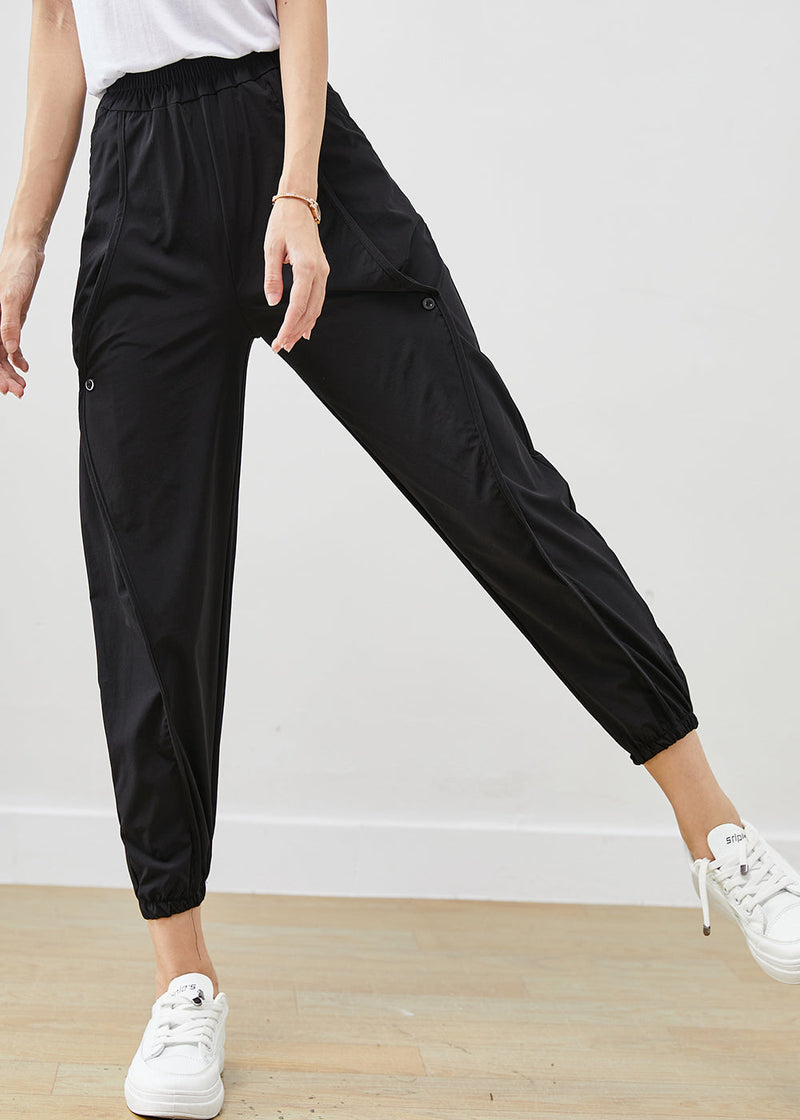 Black Elastic Waist Pockets Cotton Harem Pants Fall