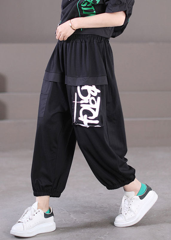 Black Elastic Waist Pockets Letter Print Cotton Crop Pants Summer