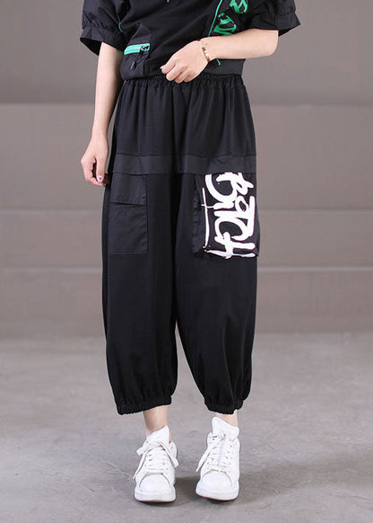 Black Elastic Waist Pockets Letter Print Cotton Crop Pants Summer