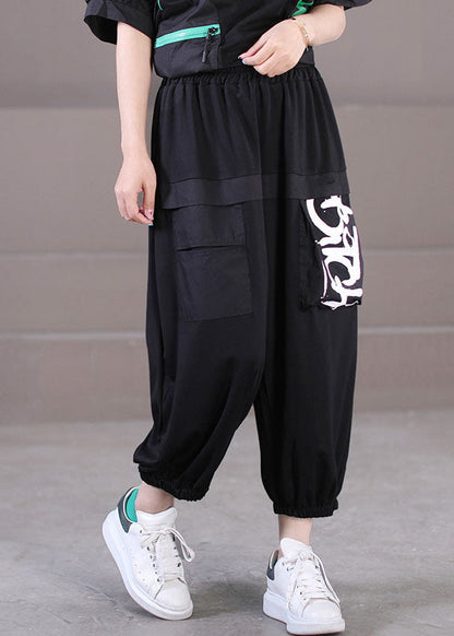 Black Elastic Waist Pockets Letter Print Cotton Crop Pants Summer