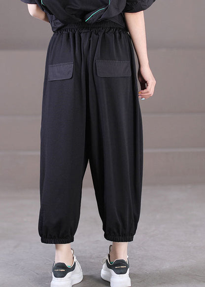 Black Elastic Waist Pockets Letter Print Cotton Crop Pants Summer