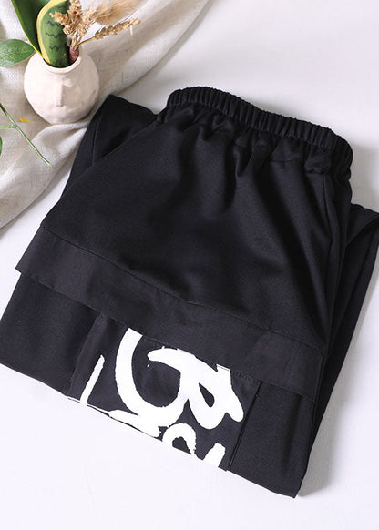 Black Elastic Waist Pockets Letter Print Cotton Crop Pants Summer