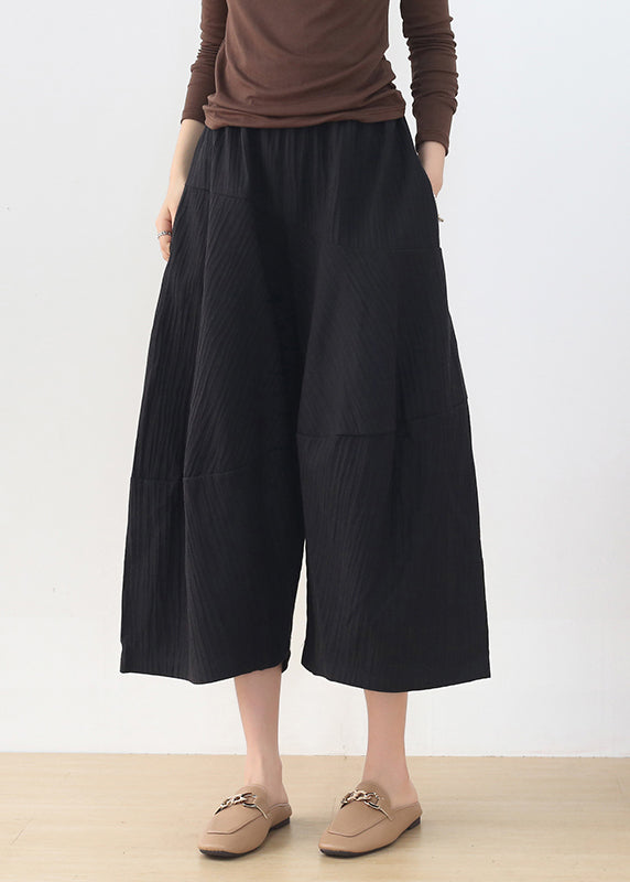 Black Elastic Waist Pockets Linen Wide Leg Pants Fall
