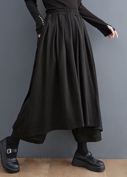 Black Elastic Waist Pockets Wide Leg Pants Skirt Summer