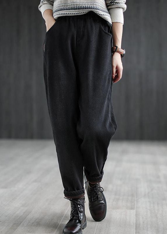 Black Elastic Waist Pockets Warm Fleece Denim Harem Pants Winter