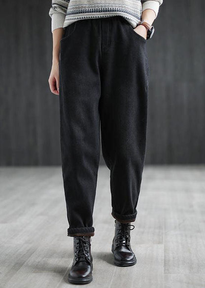 Black Elastic Waist Pockets Warm Fleece Denim Harem Pants Winter