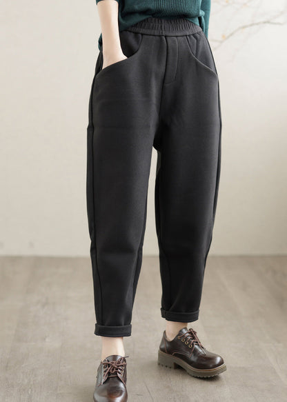 Black Elastic Waist Pockets Warm Fleece Harem Pants Winter