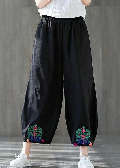 Black Embroidered Elastic Waist Cotton Harem Pants Summer