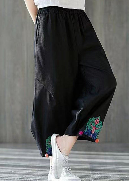 Black Embroidered Elastic Waist Cotton Harem Pants Summer