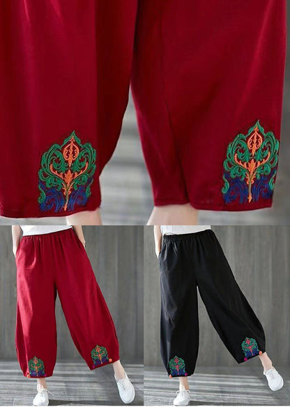 Black Embroidered Elastic Waist Cotton Harem Pants Summer